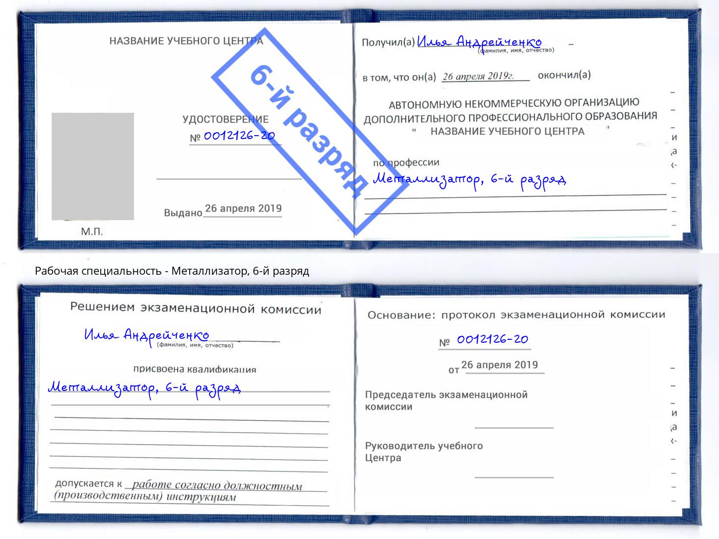 корочка 6-й разряд Металлизатор Борисоглебск