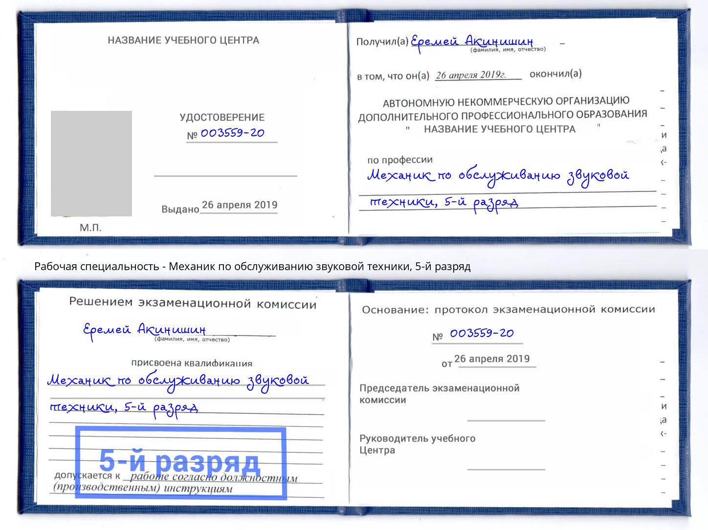 корочка 5-й разряд Механик по обслуживанию звуковой техники Борисоглебск